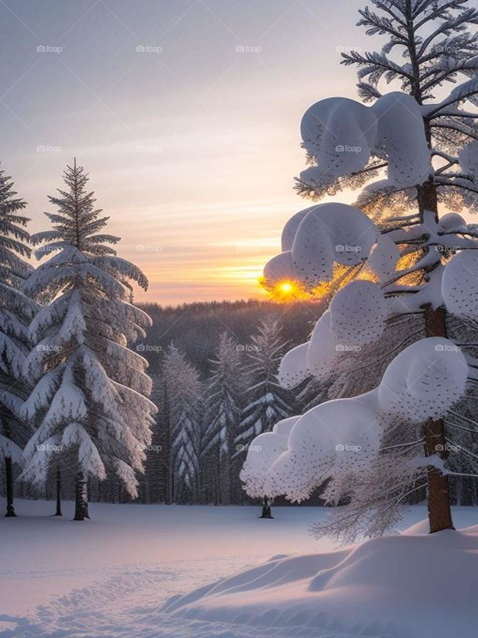 Snow-covered trees with sunrise view