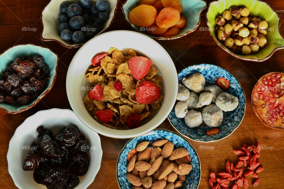 Assortment of dried fruits and nuts for breakfast