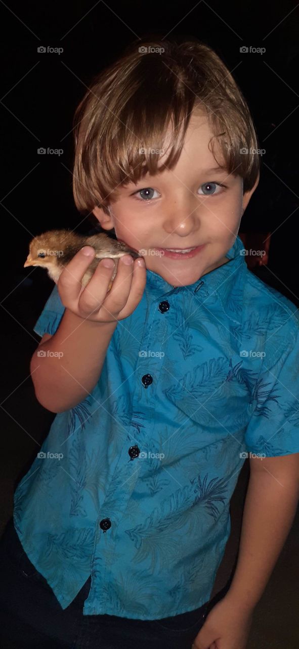 smiling child playing with the chick