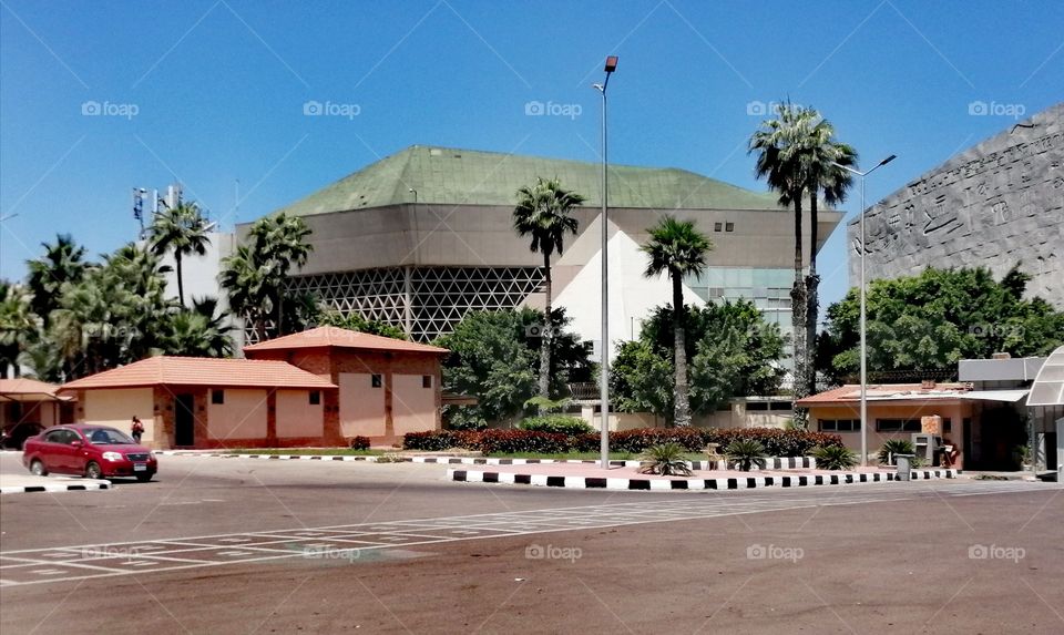 A street with a beautiful, harmoniously colored garden in the center of a group of buildings, under a clear blue sky, with multicolored trees and flowers