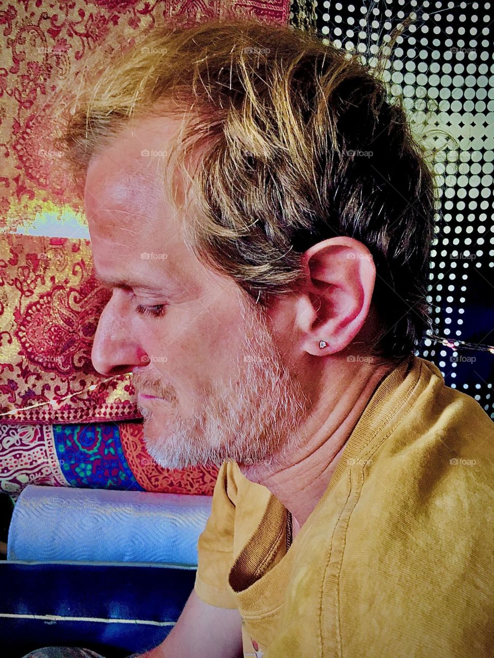 This is a portrait of „Timothy Trespas“ my longtime partner in life photographed aboard „Salvation“, our „1969 Luhrs“ cabin cruiser that provided a home and literally salvation for us and peace of mind after much upheaval. 2020. Hypnotic Productions