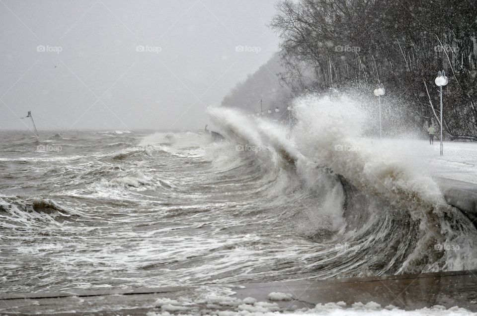 water splash during strong storm in the Baltic sea in Poland