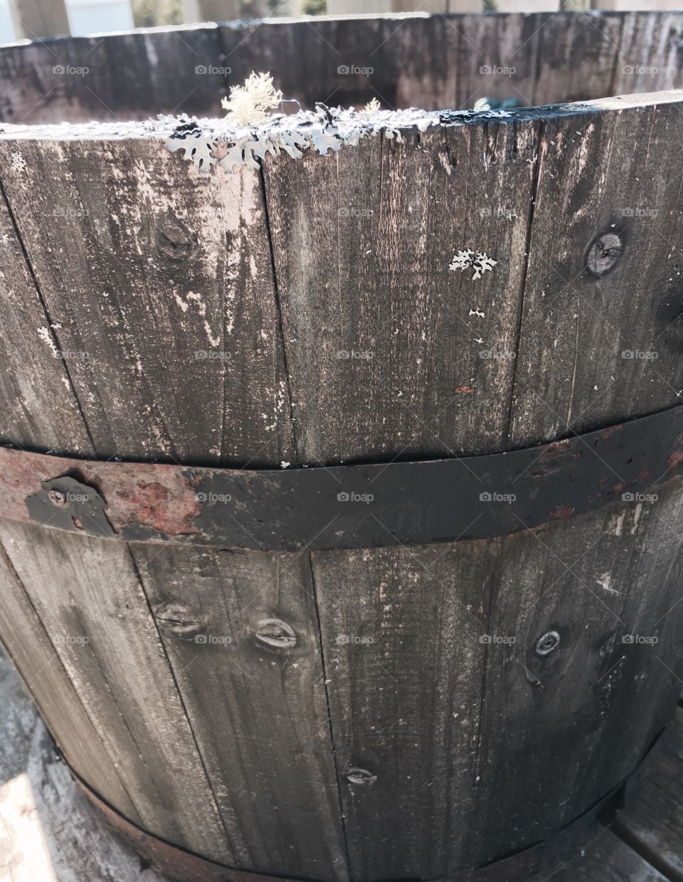 Weathered antique whiskey barrel. Rustic. 