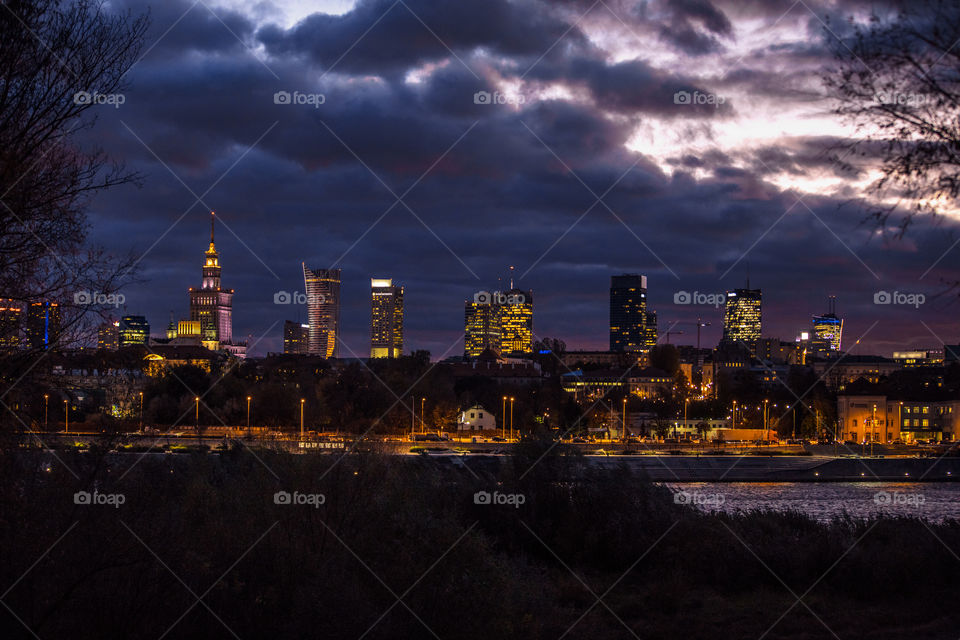 Cloudy autumn dusk sky over Warsaw