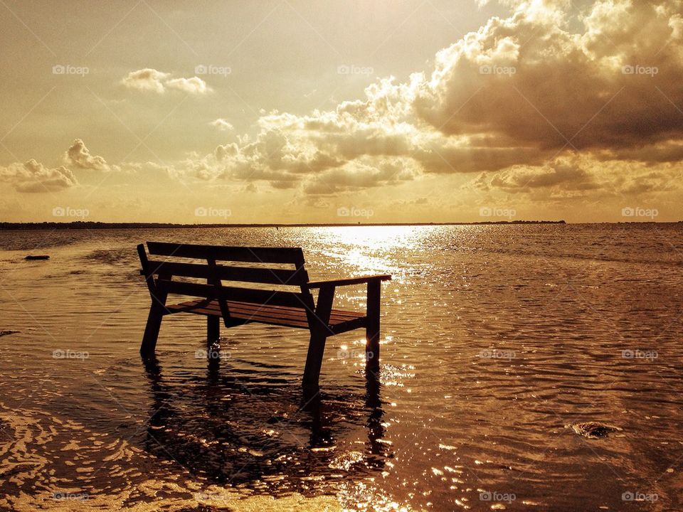 Empty bench in the water