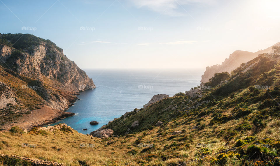 View of one of the most beautiful bays of Cape Formentor with azure water, wild beach, Mallorca, Spain