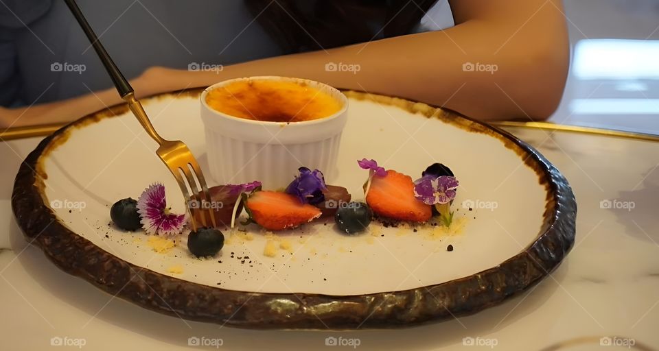 caramel pudding nice decorated at restaurant