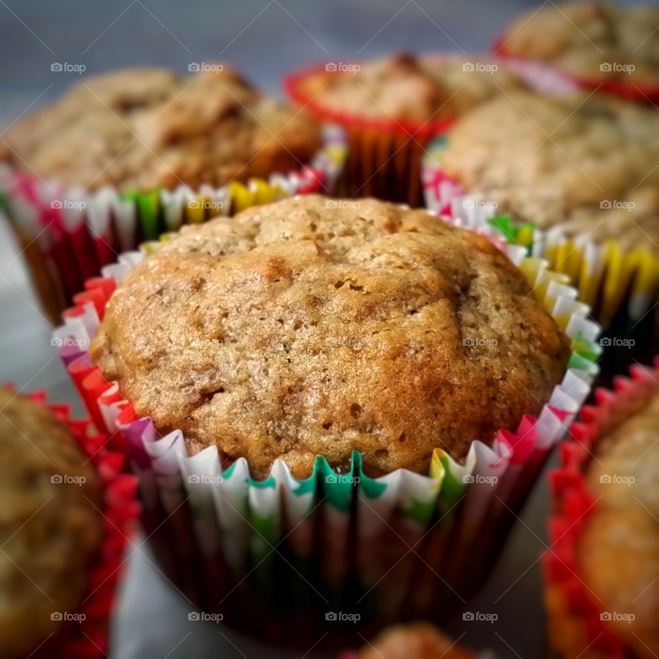 Banana nut muffins in colorful paper