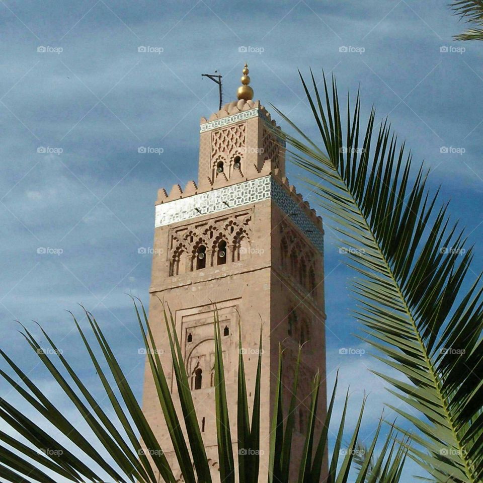 Beautiful minaret mosque at marrakech City in Morocco.