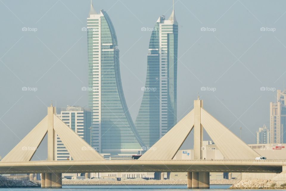 Skyline of BAHRAIN. The towers and bridge in the foreground makes it a beautiful sight !!!!