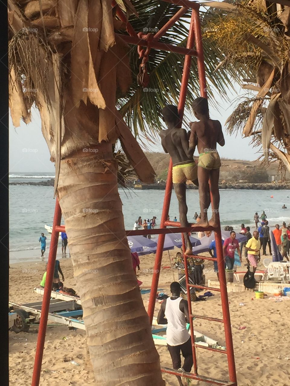 Boys check out the ocean from the top of some scaffolding