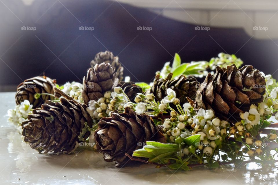 Pinecones and fresh flowers