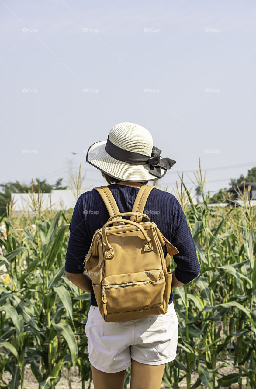 Women shoulder backpack and Wear a hat Background corn fields