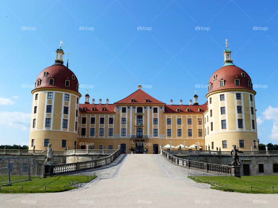 Yellow coloured Castle Moritzburg in Moritzburg, Germany.