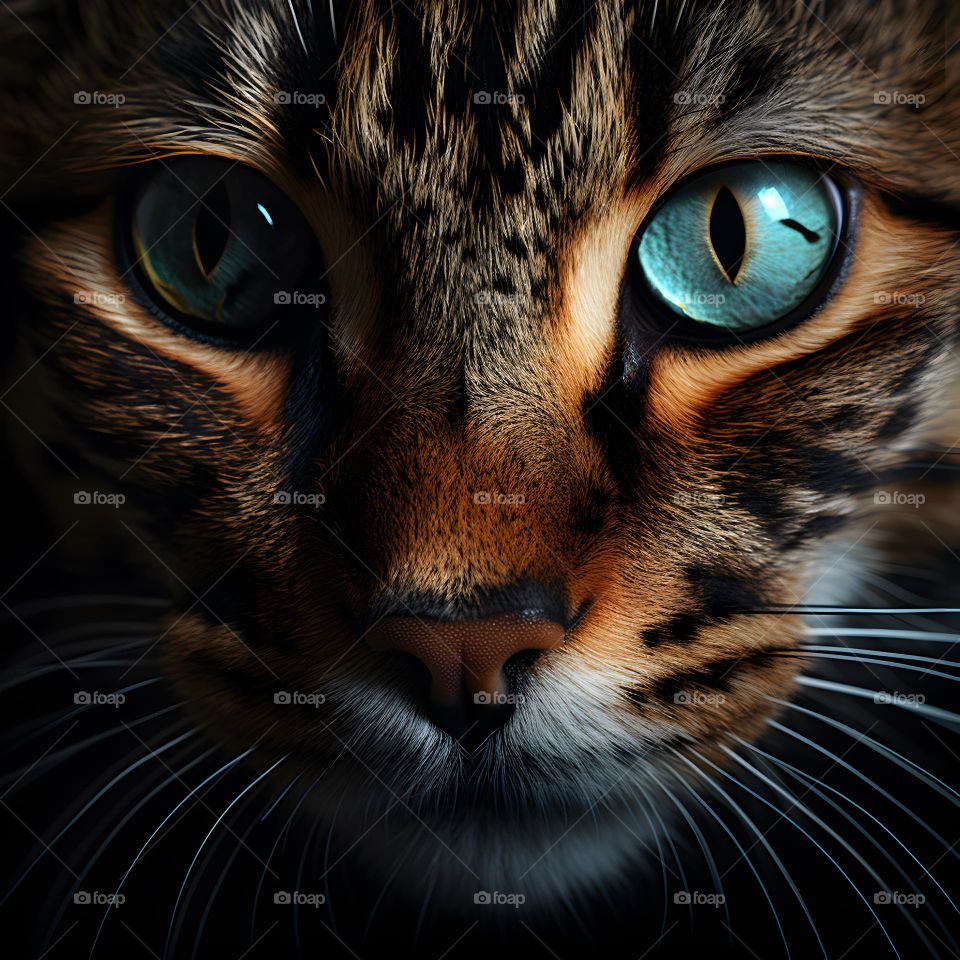 close up of a cat face with round eyes, in the style of vray tracing, photo-realistic techniques