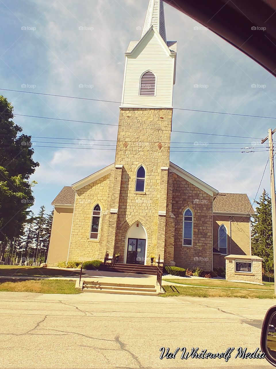 front of church,Festina,Iowa,blue,sky,church