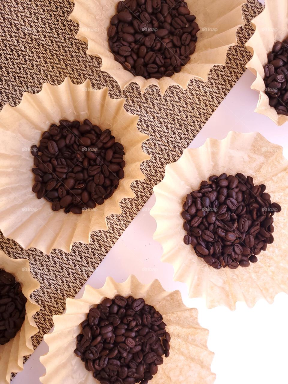 Coffee beans in a coffee filter creates circles.