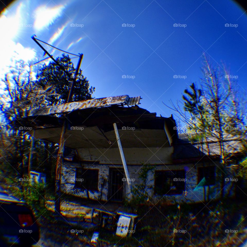 abandoned gas station fisheye
