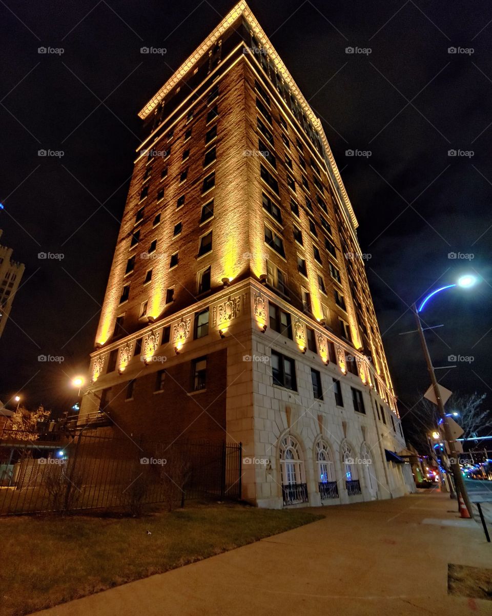 lit up building at an angle in St.Louis Missouri