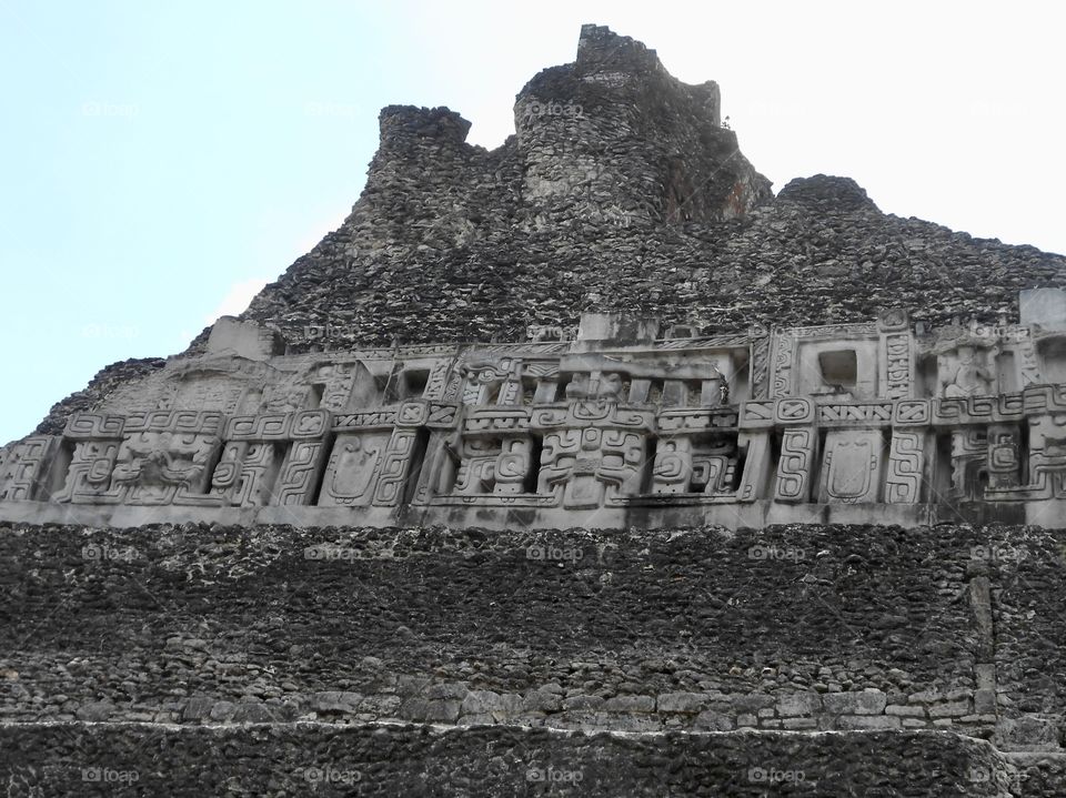 Up close image of the detailed stonework on the Xunantunich Mayan Ruins.