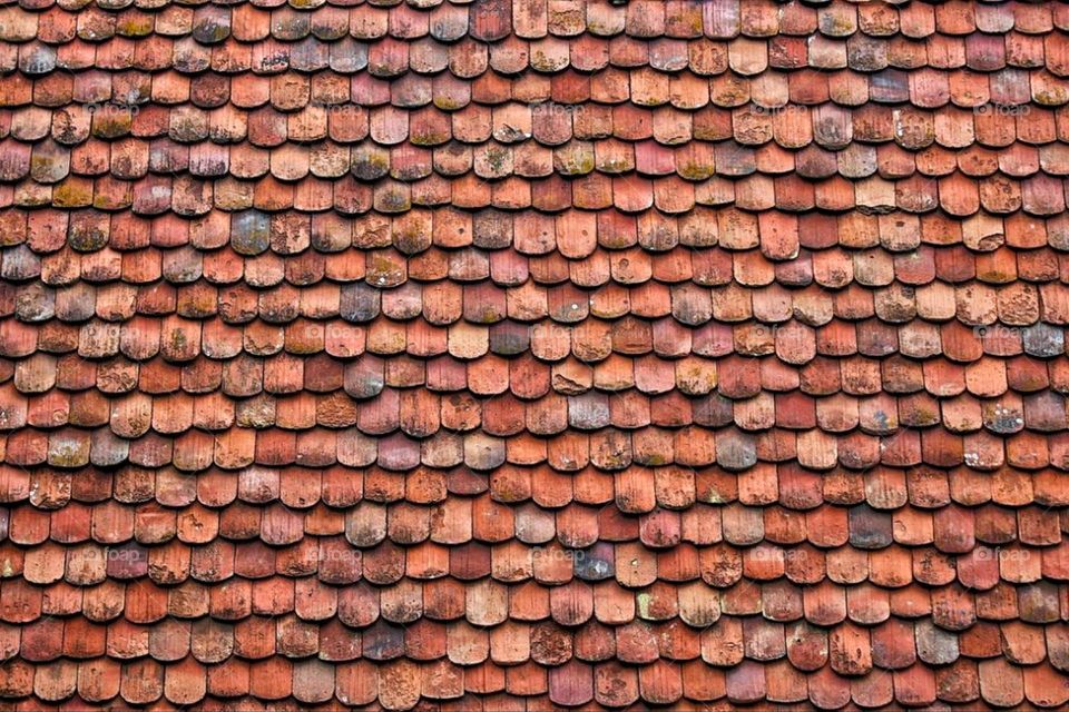 Full screen image of a red tiled roof with moss 