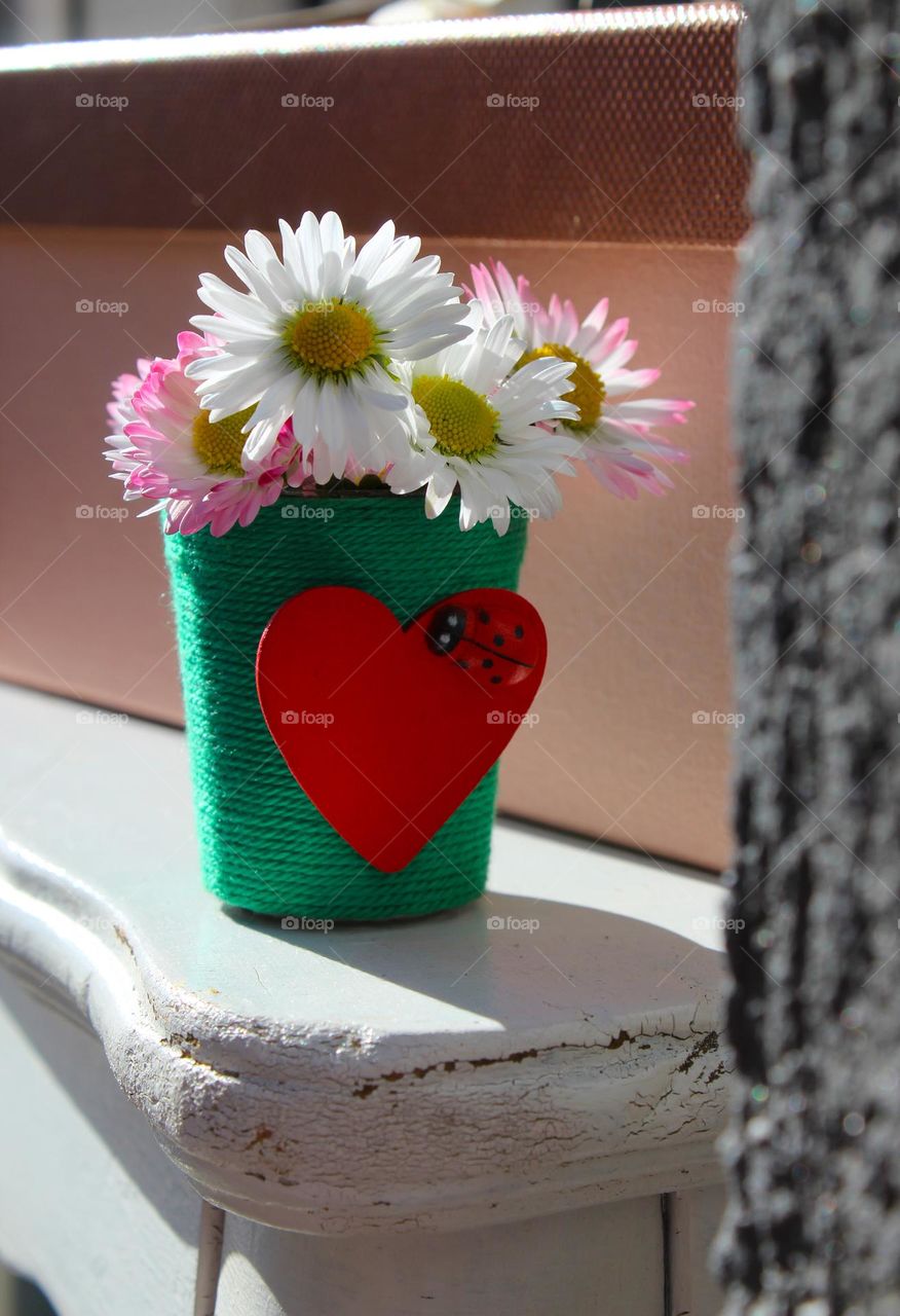 Daisy,  first spring flowers in a small green vase. Beautiful home decor or gift