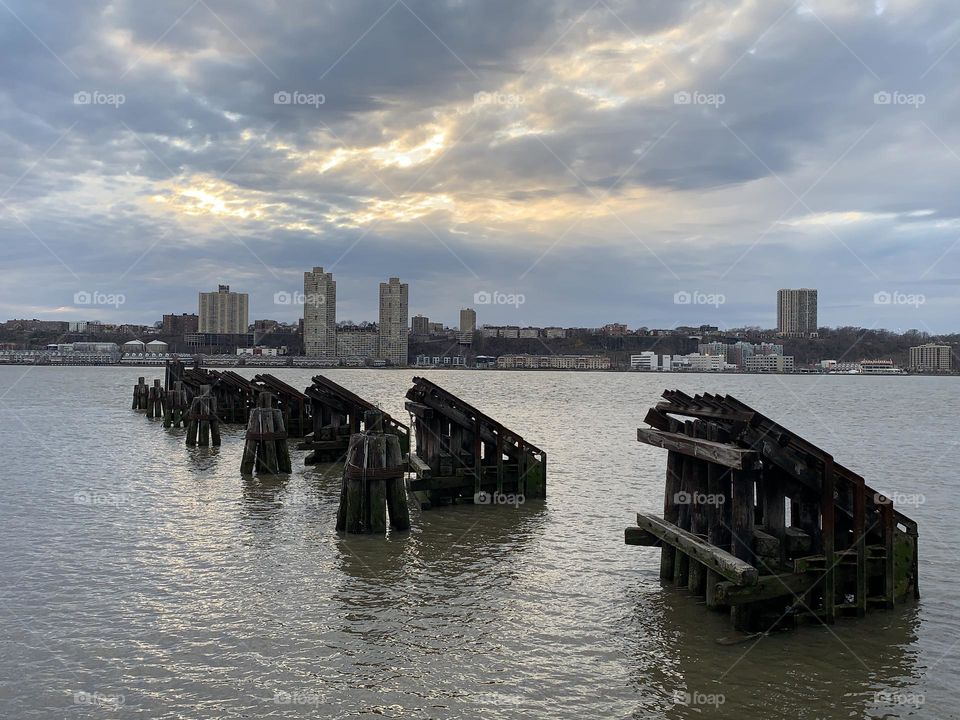 View from Riverside Park. A wharf in a pier. New York.