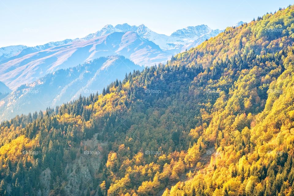 Colorful autumn scene of mountain scape along the way in Georgia 