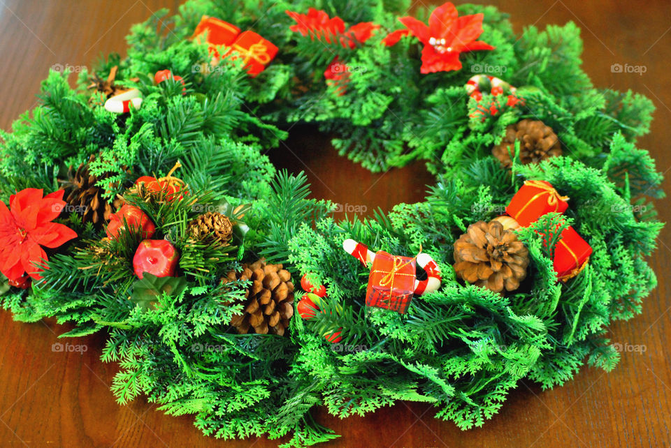 christmas wreath on table