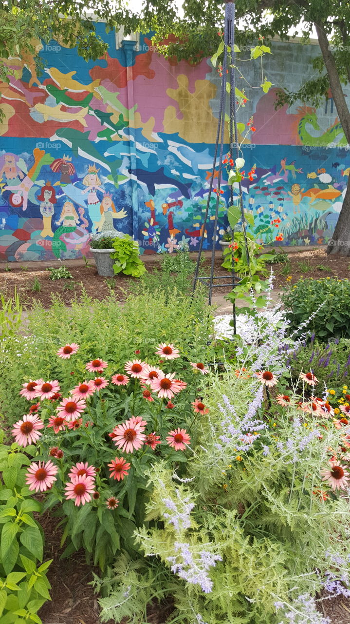 A colorful array of brightly-colored plants and flowers echo a striking wall mural in the urban children's garden.