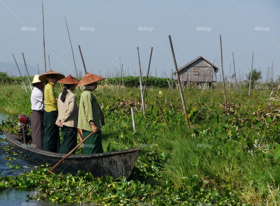 Women standing on fishing boat. Four women standing on fishing boat in the Inle Lake, Myanmar.