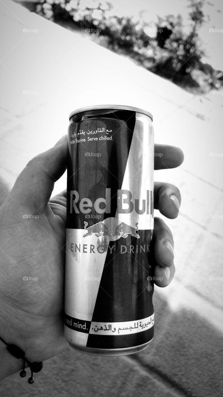 Holding a Red Bull energy drink the arabic version,focused and blurred background 