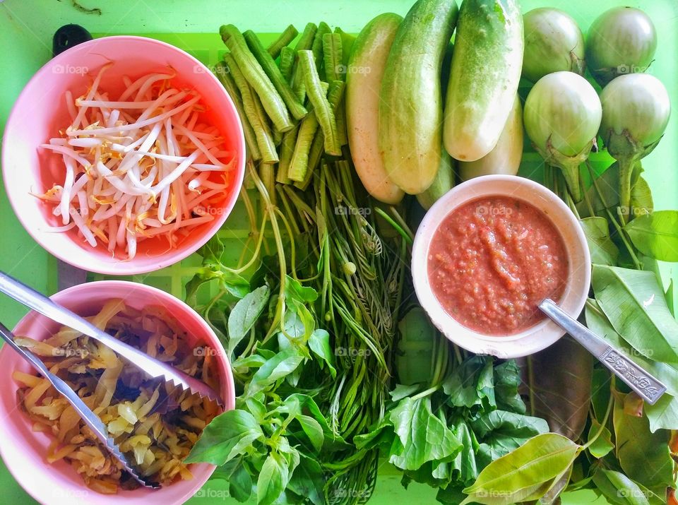 Eat vegetables with chili paste Healthy Food Delicious food from Thailand.