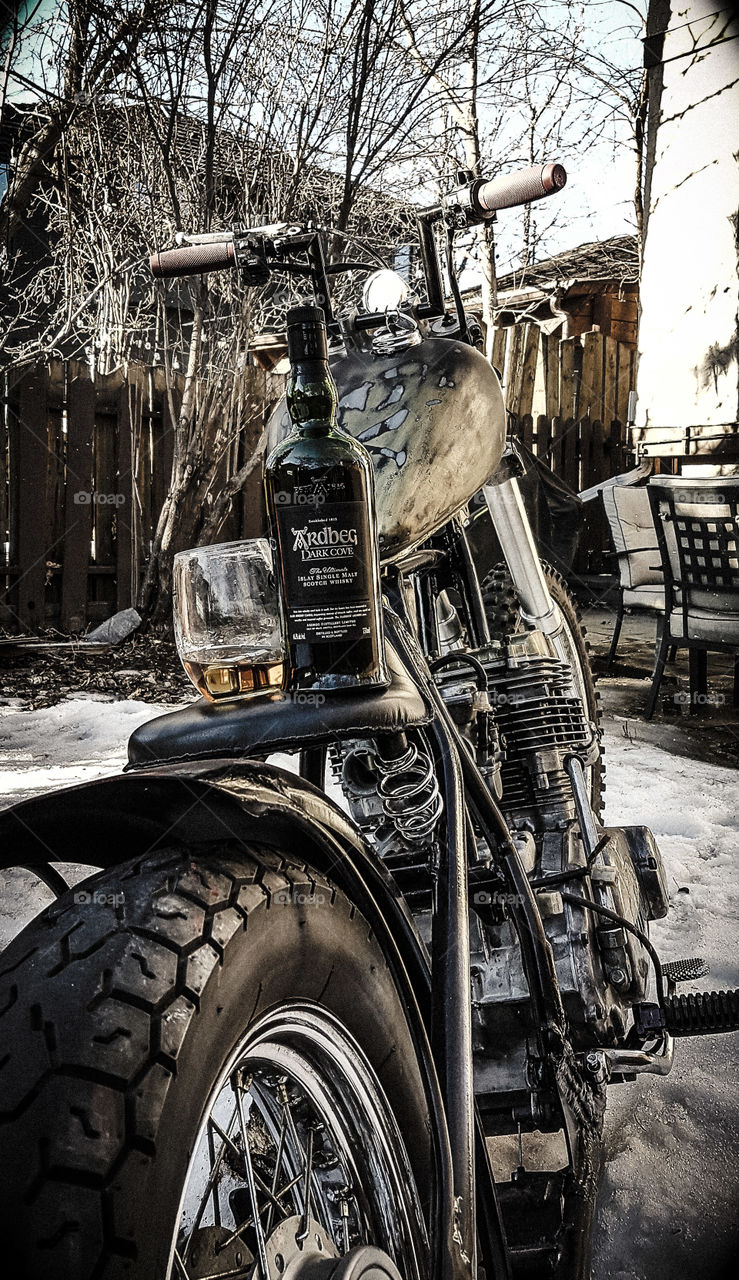 ardbeg scotch whisky with chopper motorcycle