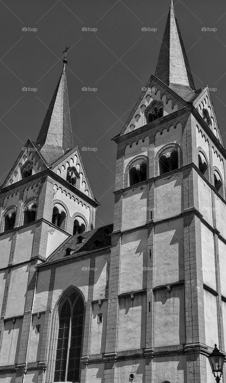 Photo of an old church in Germany in black and white with intricate design and shadows