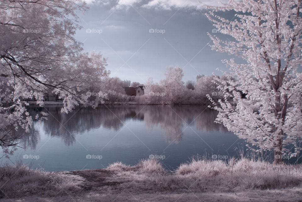 infrared photo of a lake
