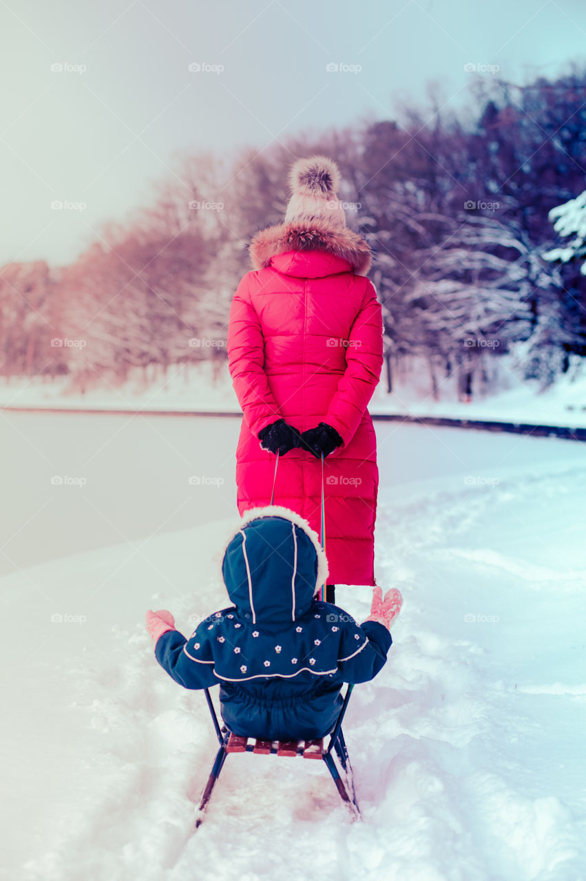 Mother and her little daughter are spending time together walking outdoors in forest in winter while snow falling. Woman is pulling sled, a few years old girl is walking through the deep snow, enjoying wintertime