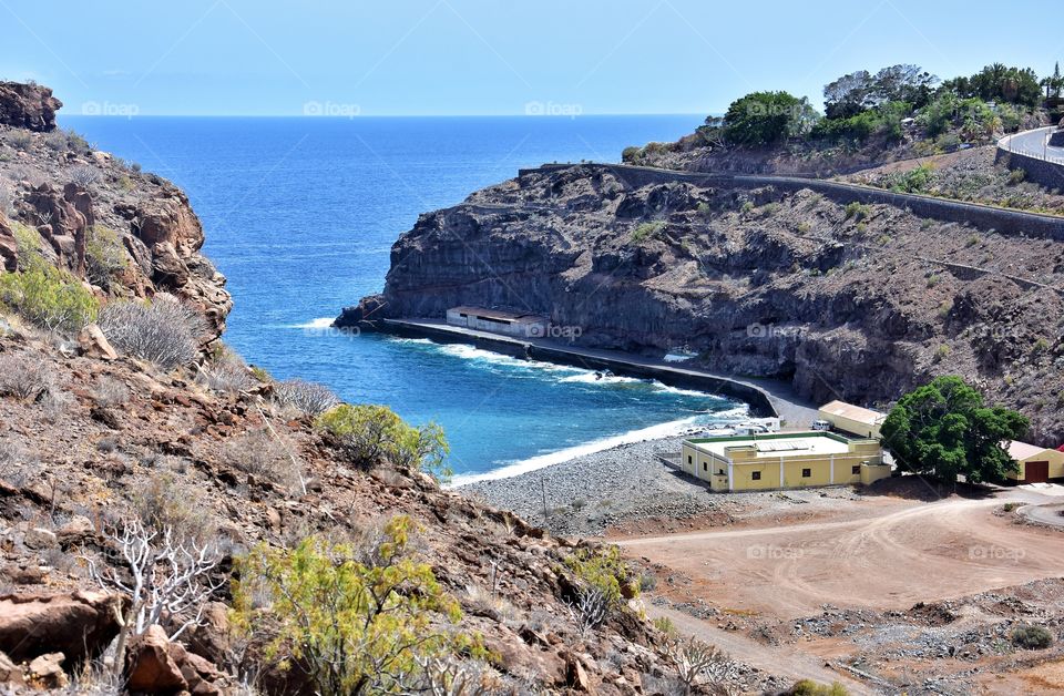 top view on black sand beach in Santiago on la gomera canary island in Spain