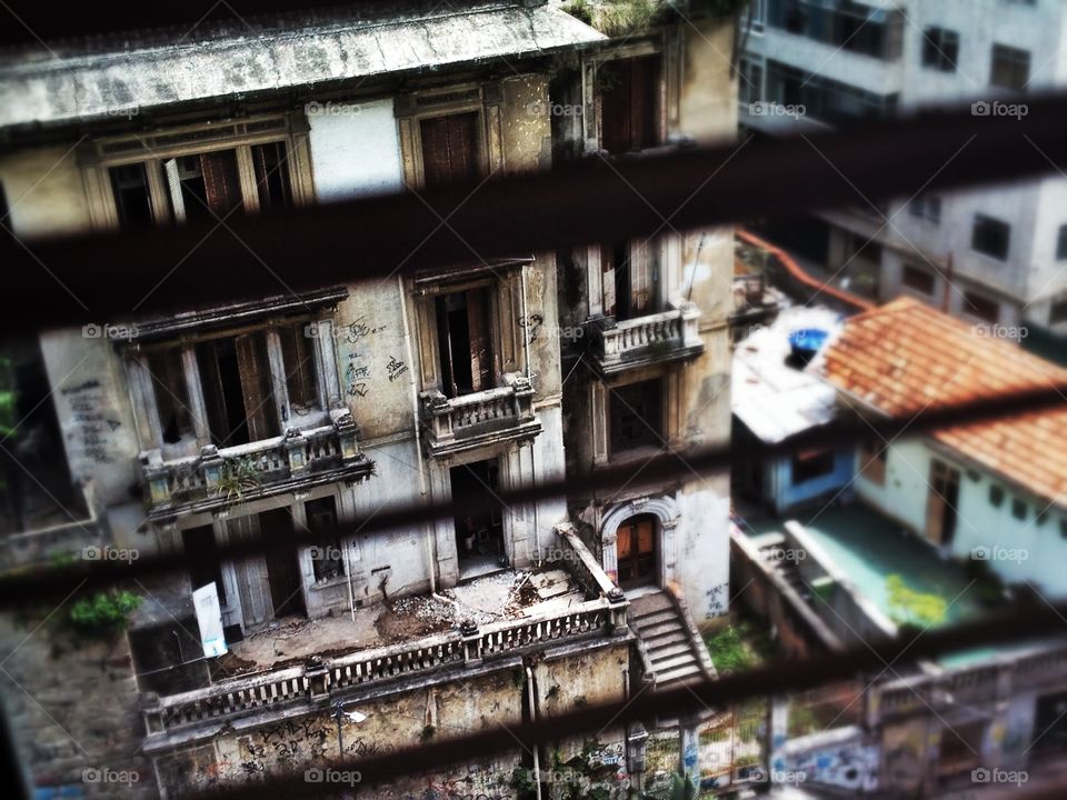 View of old building from window