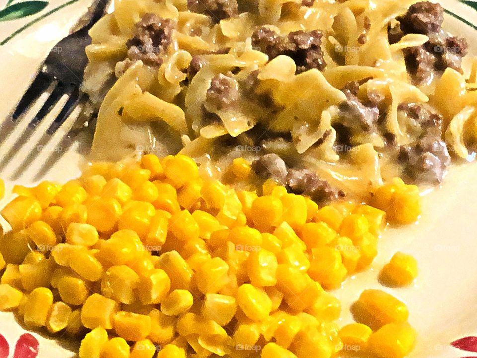 Beef and noodles and corn