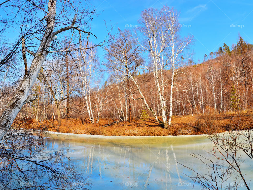 Landscape with a river. Reflection in the spring ice.