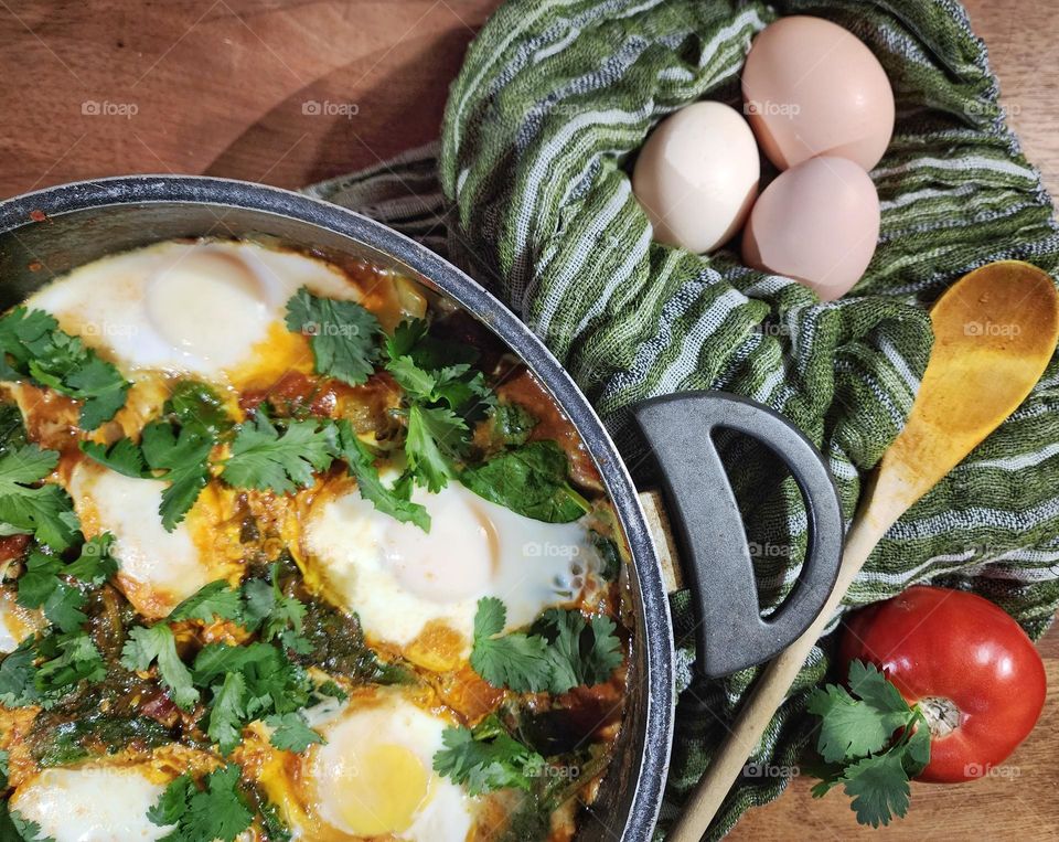 Homemade Shakshuka made with farm fresh eggs.