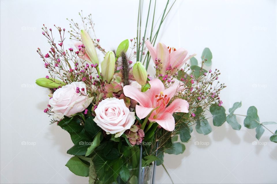 Bouquet of flowers against white background