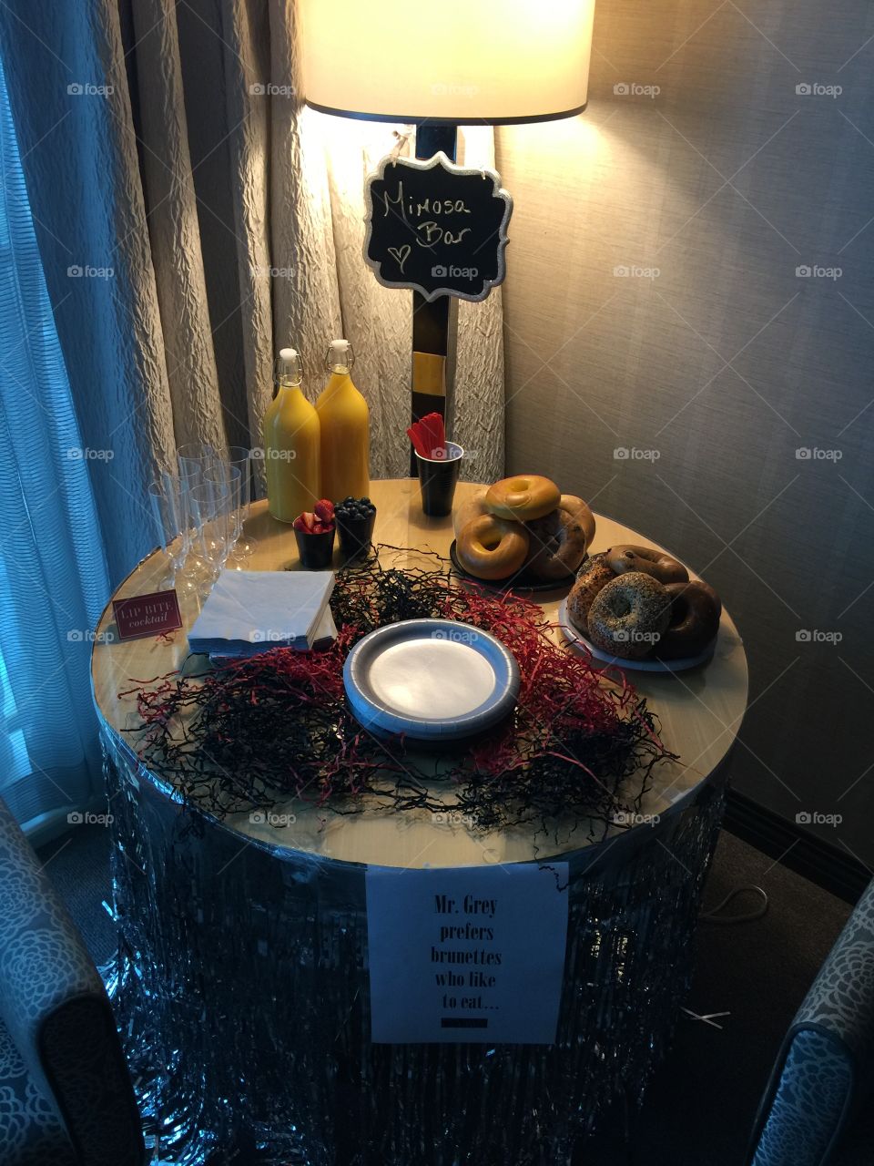 Best Friend Mimosa Bar set up for her bachelorette Party, Fifty Shades Of Grey  