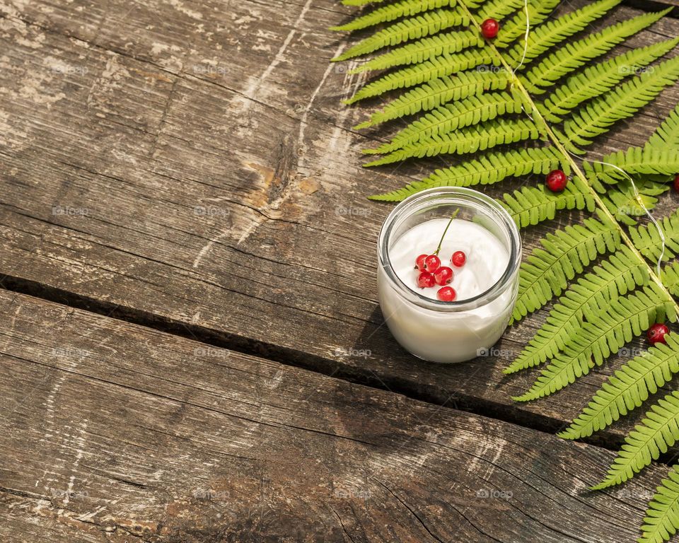 Eco friendly, food composition with vegan, homemade yogurt with red currant and fern leave on a wooden table. Mindful and sustainable eating concept. Healthy, natural food and climate friendly eating