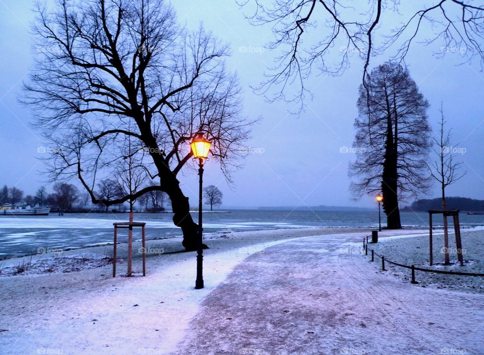 Schwerin Lake at dawn in snow