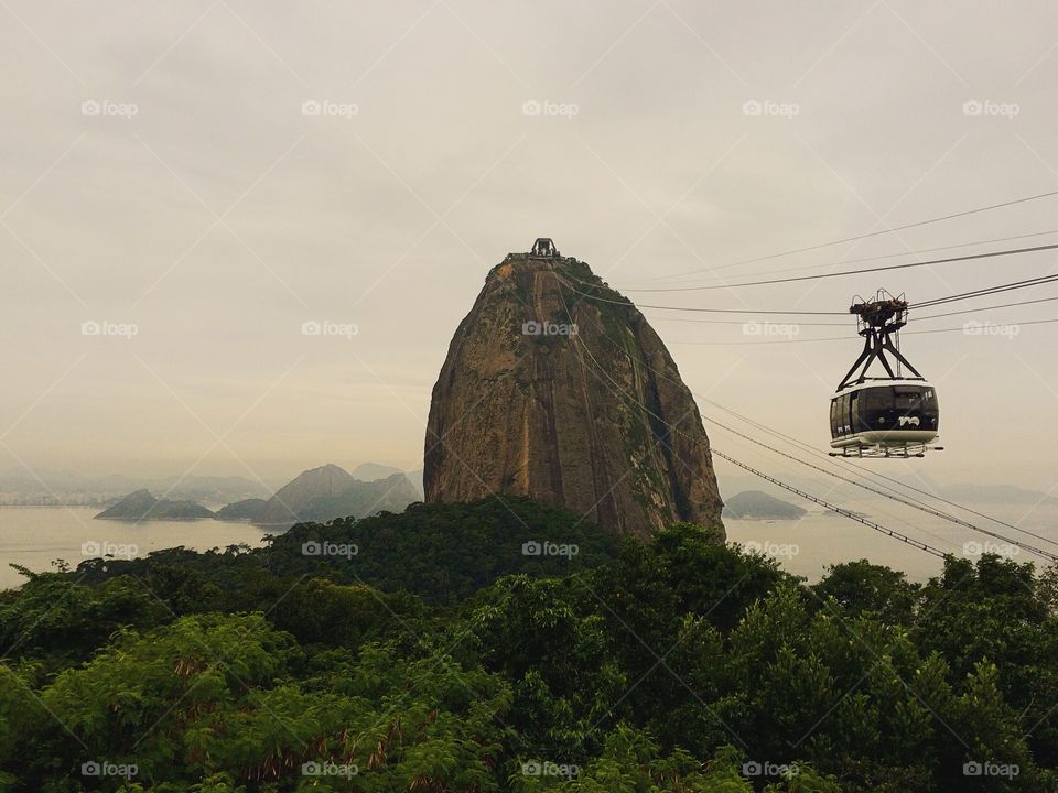 The trolley of Sugar Loaf Mountain in Rio de Janeiro, Brazil. View of the beautiful city . Host the 2016 Olympic games