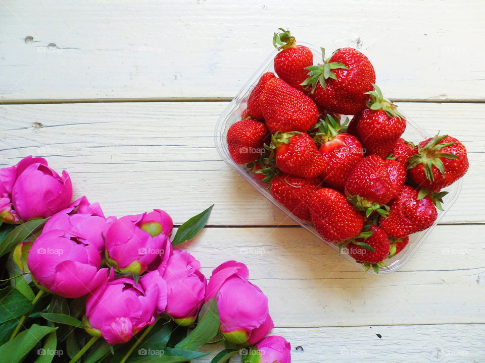 pink peony flowers and strawberry berries on white background