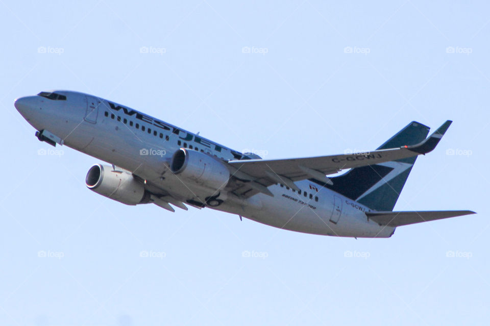 A West Jet flight is just taking off to sites unknown. Landing gear is retracting and gear doors are closing as it gains altitude into the big blue sky. 