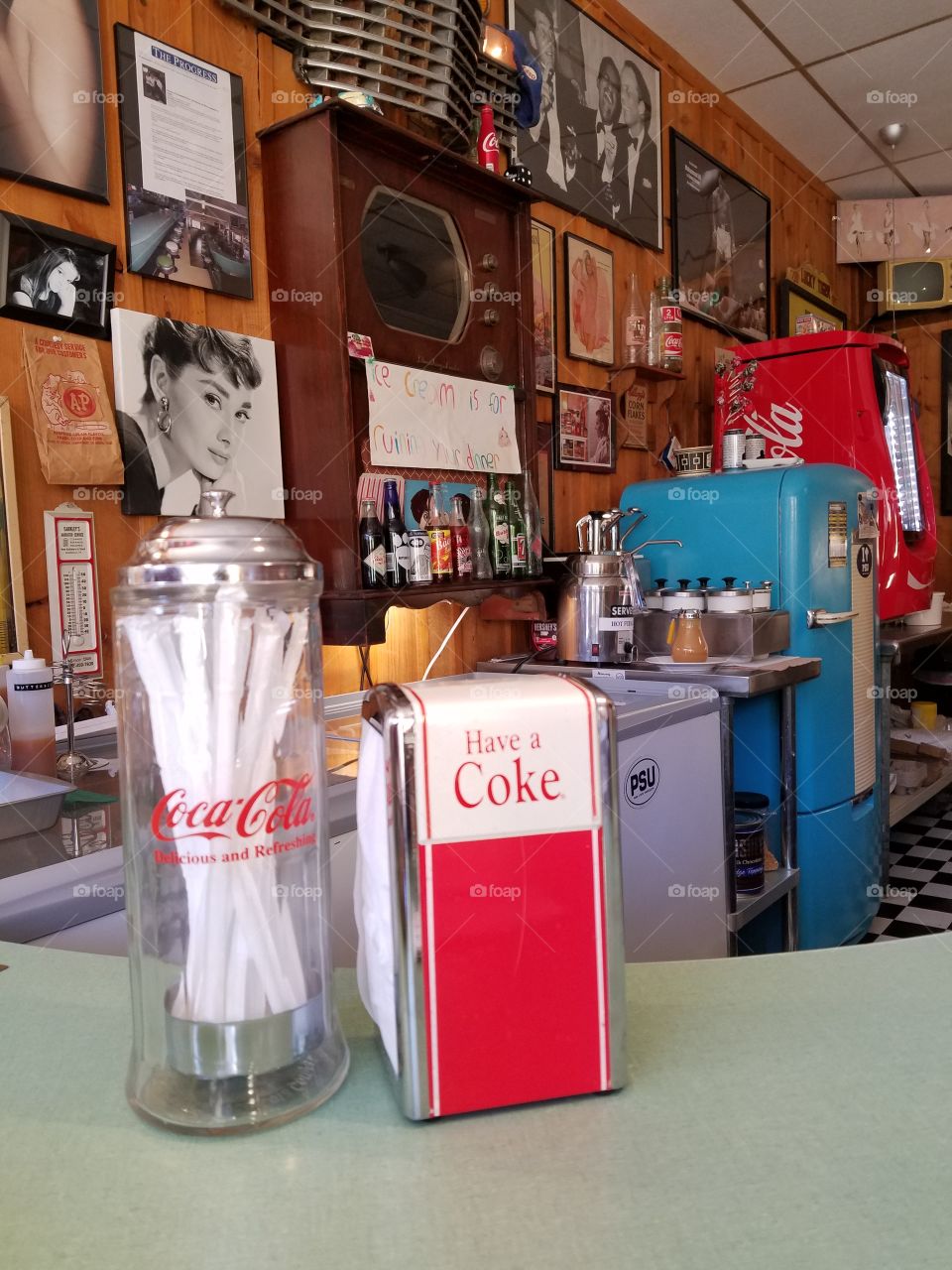 Coca-Cola memorabilia at Scoops the ice cream parlor.